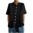 thumbnail image 2 of Homenesgenics Tops for Women Plus Size Fashion Spring/Summer Short Sleeve Round Neck Cotton-Linen Blend Button-Down Cardigan Solid Color Pleated Top Shirt Black XXL, 2 of 6