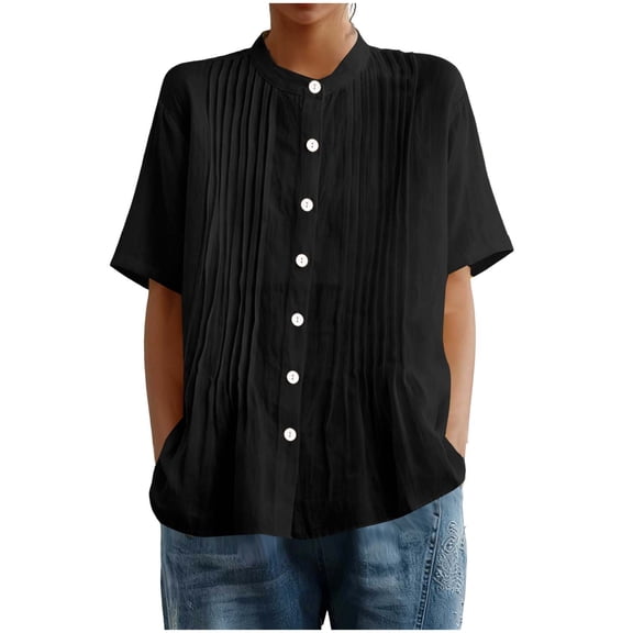 qucoqpe Women's Linen Cotton Tops Lightweight Pleated Short Sleeve Button-Down Shirts Summer Comfy Breathable Vacation Blouse Tees