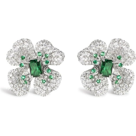 Vintage Green Spinel Stud Earrings Elegant Women Flower Earrings S925 Sterling Silver CZ Simulated Diamond Stud Earrings for Women Dainty Mixed Cut Wedding Earrings