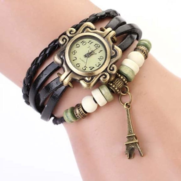 UDIYO Women Vintage Eiffel Tower Multilayer Braided Faux Leather Bracelet Wrist Watch