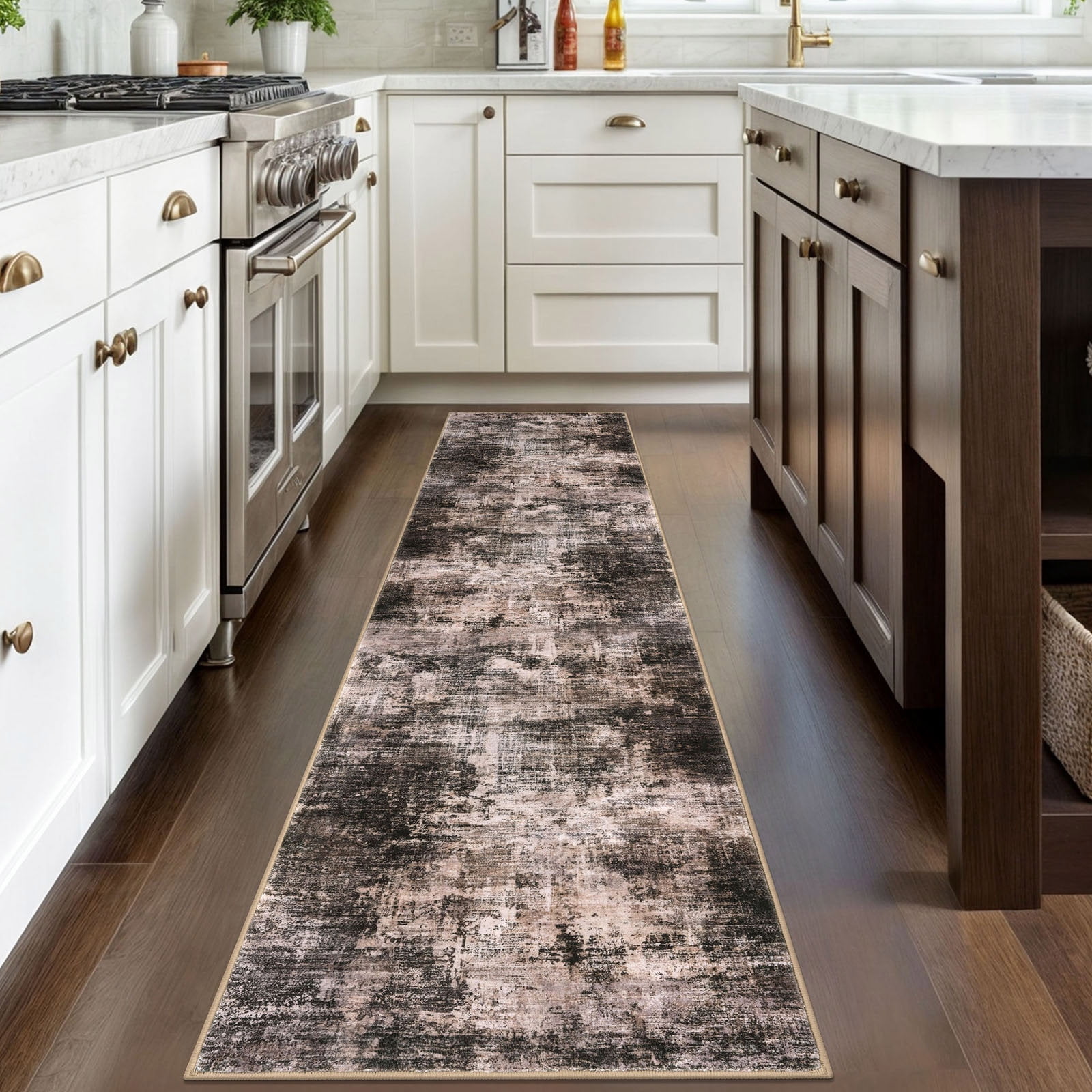 iOhouze Runner Rugs 2x8 Washable Runner Rug for Hallways Non Slip Kitchen Runner Low Pile Soft Printed Faux Wool Abstract Floor Runner for Inodoor Bedroom Entryway Laundry Room, Brown/Rust