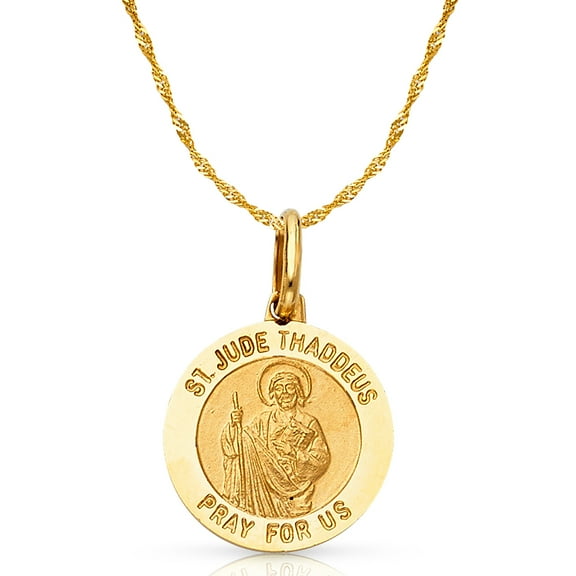 14K Yellow Gold St. Jude Thaddeus Pray For Us Charm Pendant with 0.9mm Singapore Chain Necklace - 22"