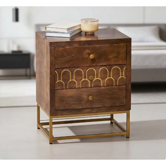 Vintage Nightstand with Farmhouse Flair, Antique Design Bedside Tables, 3 Storage Drawers in Mango Wood & Gold Finish