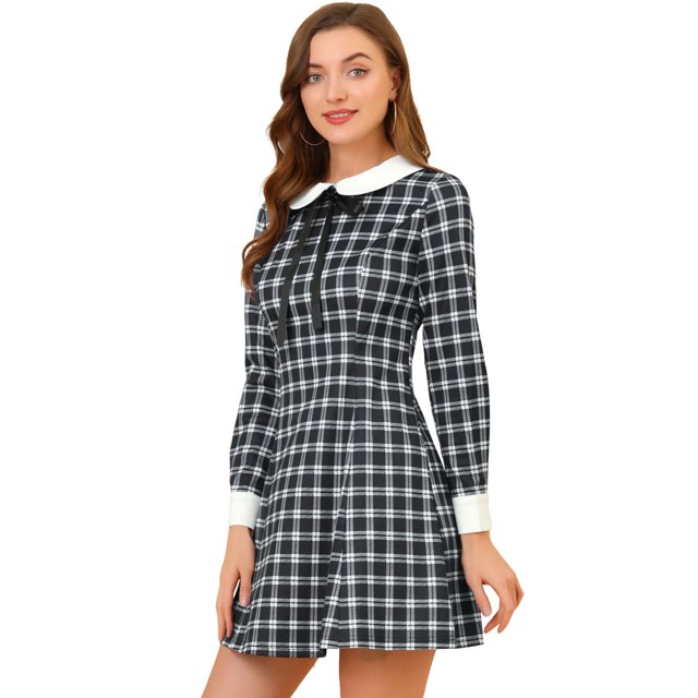 INSPIRE CHIC Robe à Carreaux à Manches Longues Col Peter Pan Contrasté pour Femmes
