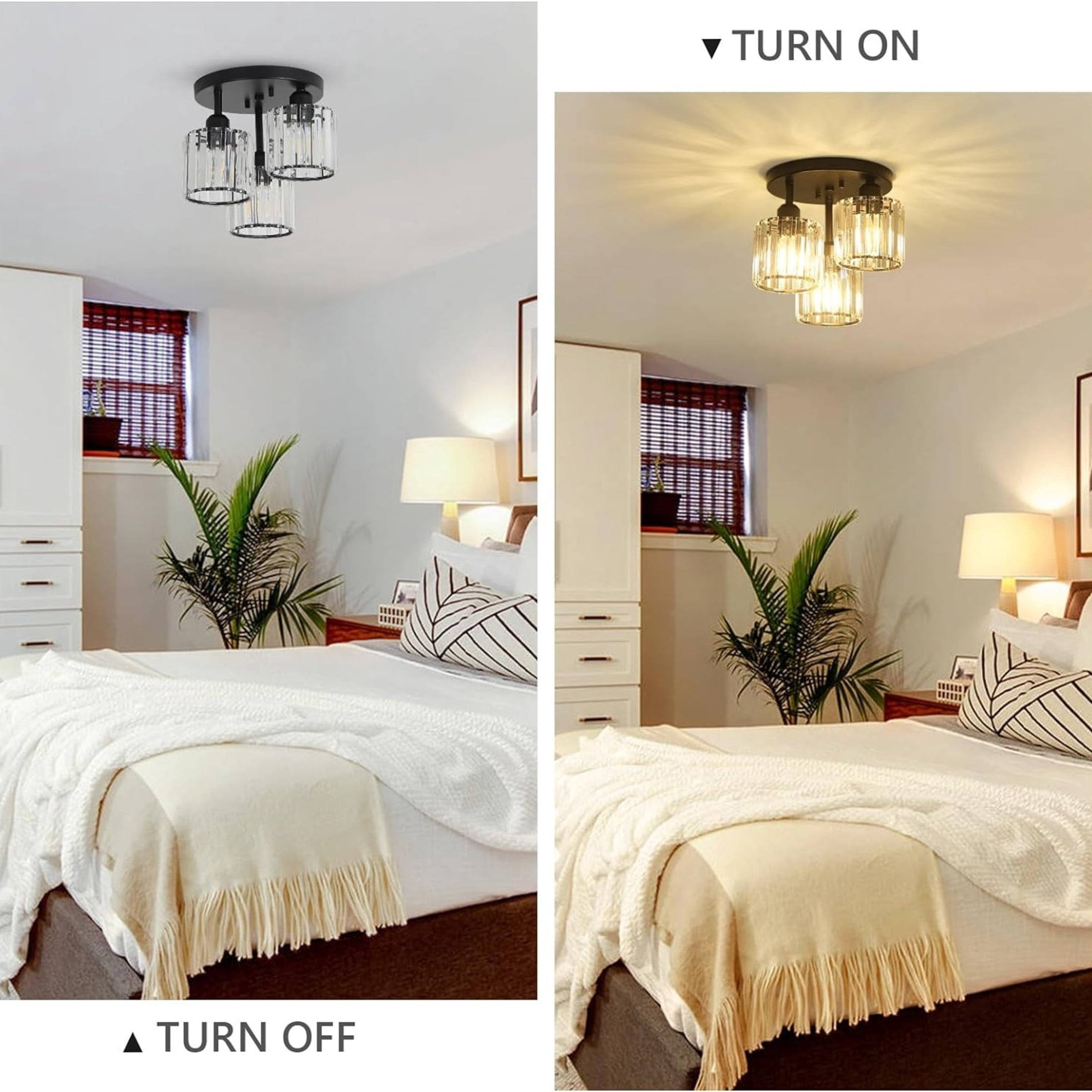 Noble House 13" Crystal Semi-Flush Ceiling Light, Modern Metal Frame, 3-Light E26, Clear Crystal Shade, Black