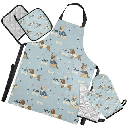 Ryvnso Cute Dachshund Shepherd Dogs Kitchen Apron Oven Mitts Set Pot Holders