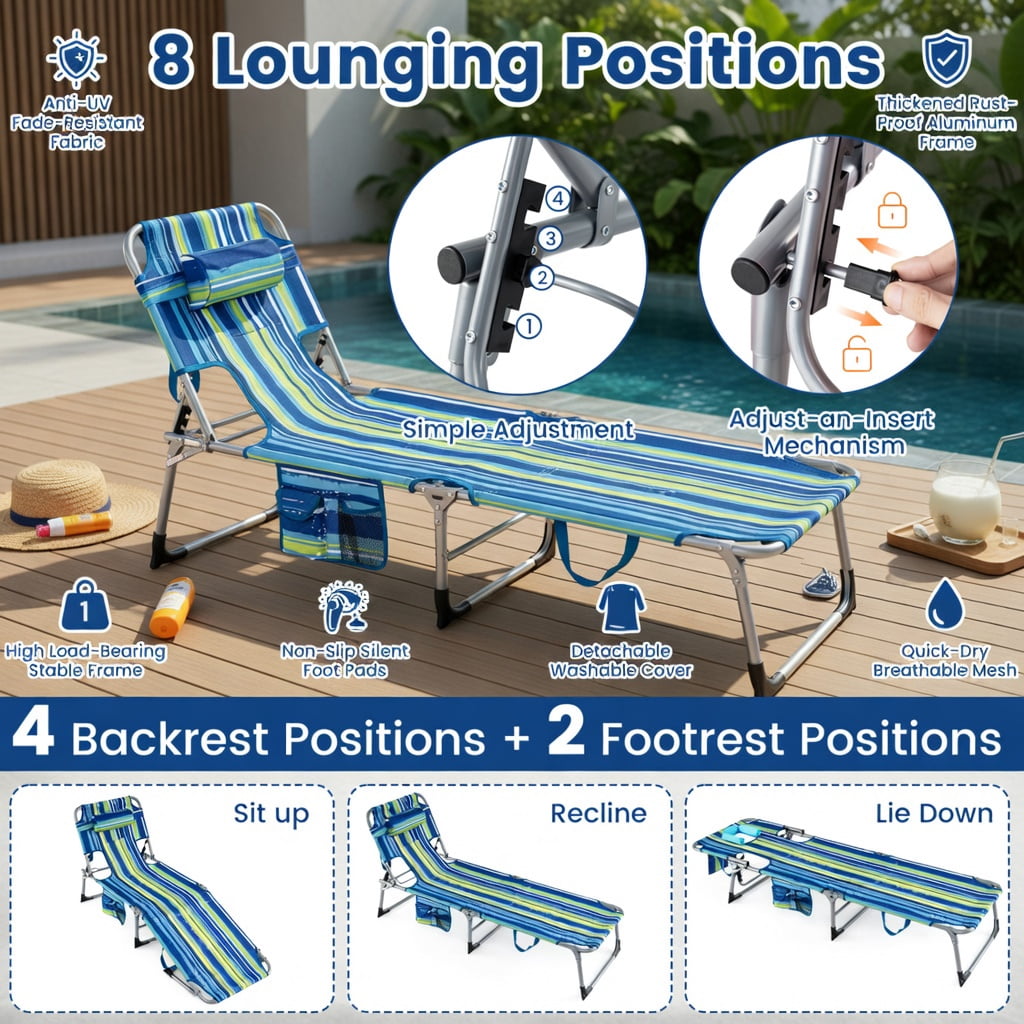 Hommoo Foldable Tanning Chair with Face & Arm Holes, Lightweight Aluminum Frame, Adjustable Recline, Portable Beach & Pool Lounge Chair, Multicolor