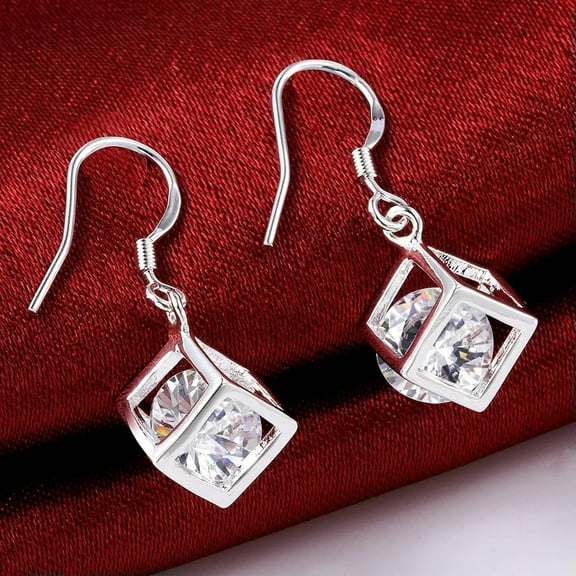 QQTDFG 2 Pairs 925Sterling Silver Zircon Square Box Women Drop Dangle Earrings E583-default