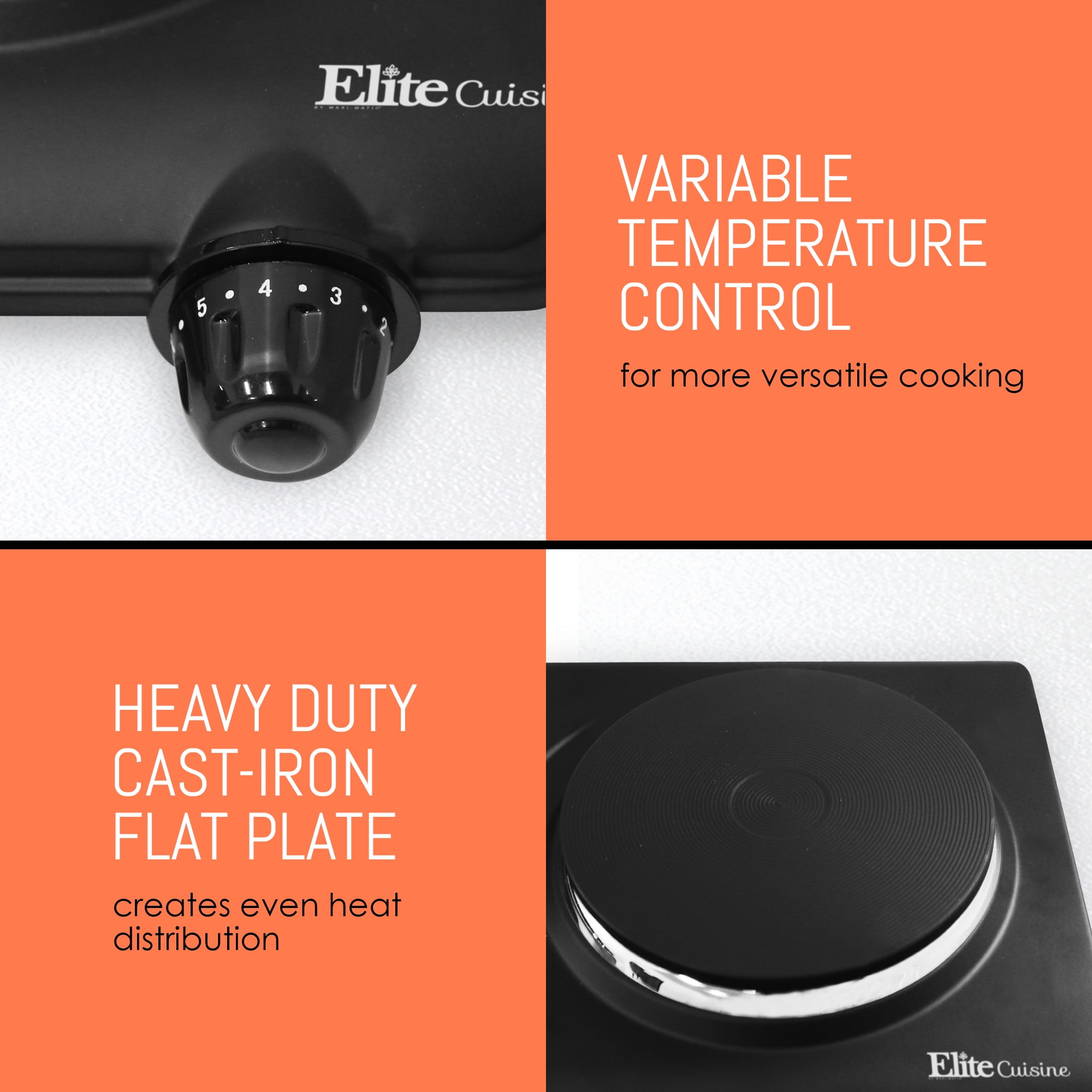 Black Elite Cuisine ESB-301BF Single Electric Flat Cast Iron 1000 Watts 