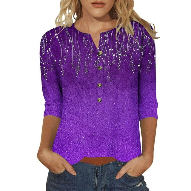 T-Shirts pour Femmes - Col en V Décontracté Coupe Ample Manches 3/4 Hauts pour Toutes les Occasions