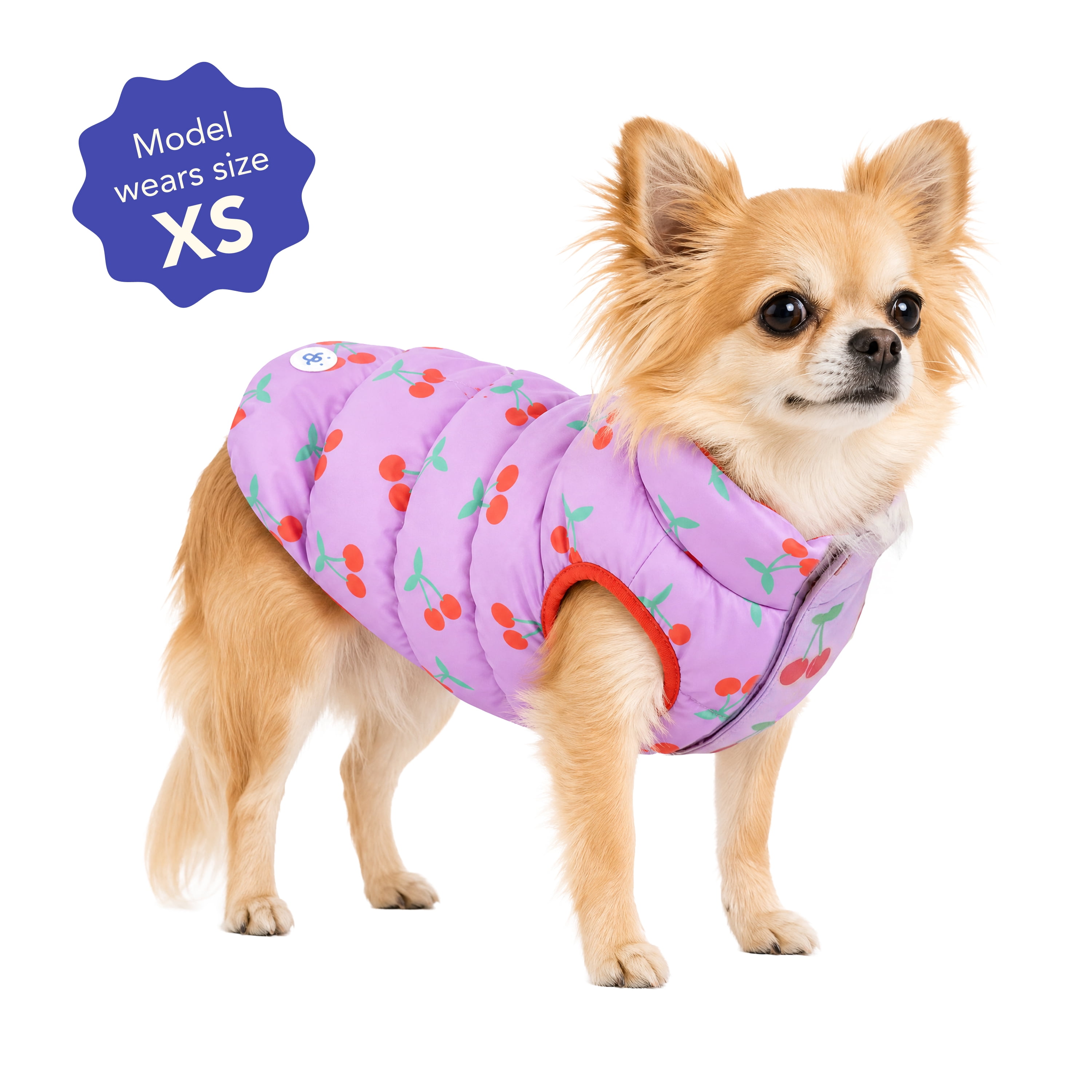 Oodles Cherry Print Quilted Puffer Fall Dog Jacket, Purple, XS