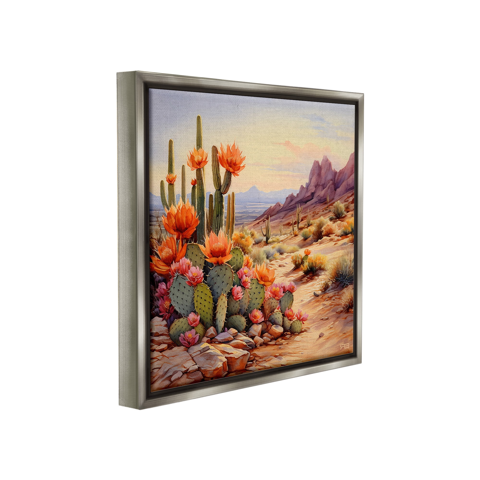 Stupell Industries Cactus Flower Landscape Landscape Painting Gray Floater Framed Canvas Art Print Wall Art, 18 x 18