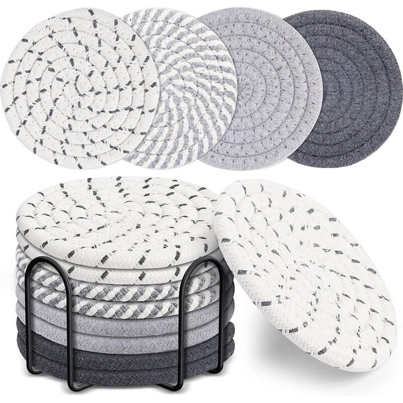 8-piece set of beverage coasters with brackets, 4-color minimalist cotton woven coaster set for home decoration, desktop protection suitable for various cups, 4.3 inches.