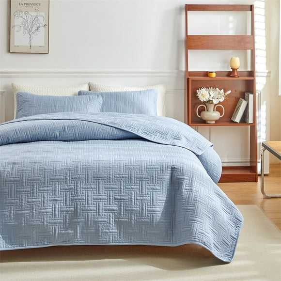 Double Sided Washed Quilted Bed Cover Set | 3 Piece Solid Color Reversible Comforter Cover & 2 Pillowcases | Soft Polyester Bedding for Adults & Kids | White Pink Blue Beige Gray