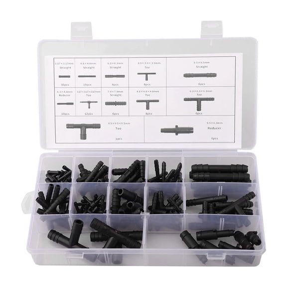 113PCS Vacuum Hose Connector Fittings Kit Assorted Nylon Vacuum Line Connectors Straight Tee Reducer Tube Fittings Set For Automotive Vacuum Hoses Fuel Lines Air Systems