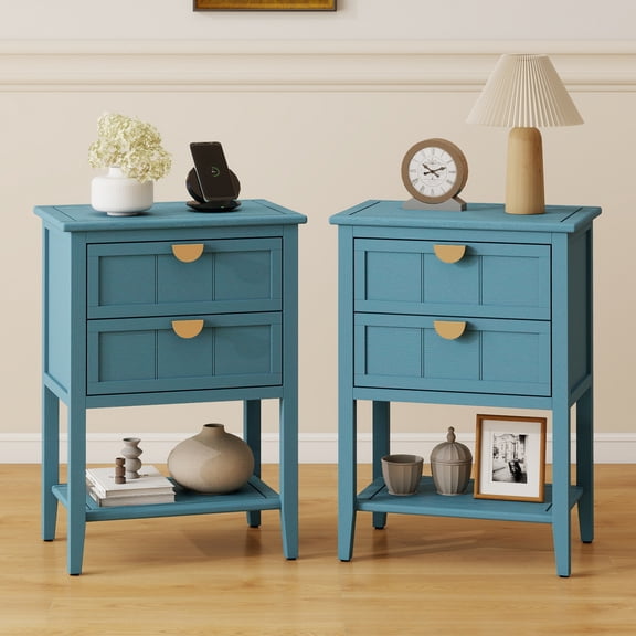 LFGUIZO  22" Small Blue Accent Cabinet Set of 2 with Wood Grain Drawers & Open Shelf, Versatile End Table or Nightstand for Living Room & Bedroom