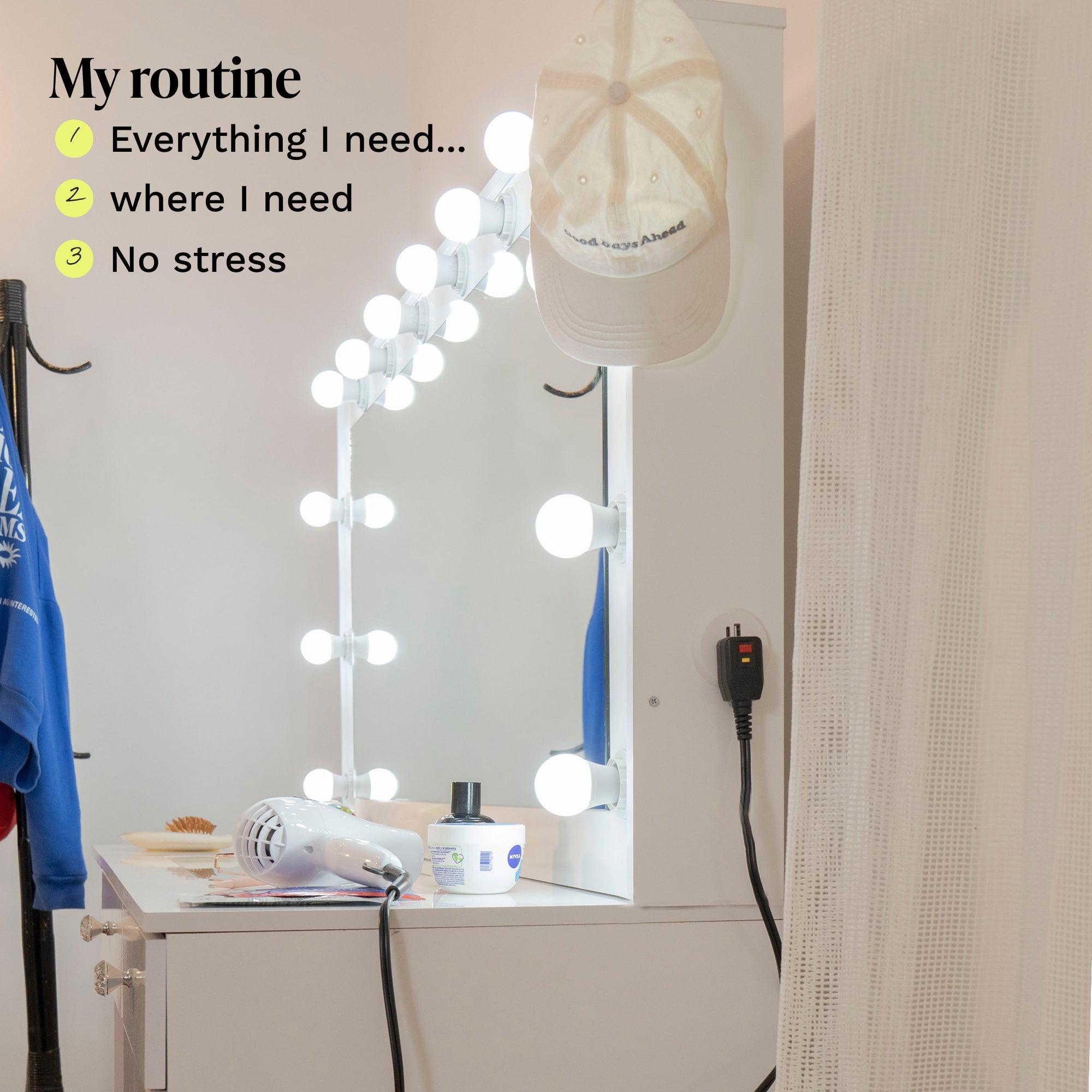 Boahaus Verona Large Vanity Desk with Mirror and Lights – 6 Drawer Makeup Vanity Table with 2 Open Shelves and Built-in Power Outlet