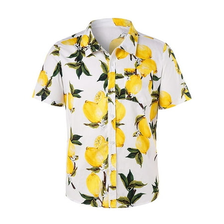 - Lemon Printed Hawaiian Shirt Mens Beach Short Sleeve Button Camp Party Holiday