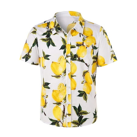 Lemon Printed Hawaiian Shirt Mens Beach Short Sleeve Button Camp Party (Best Party Suits For Men)