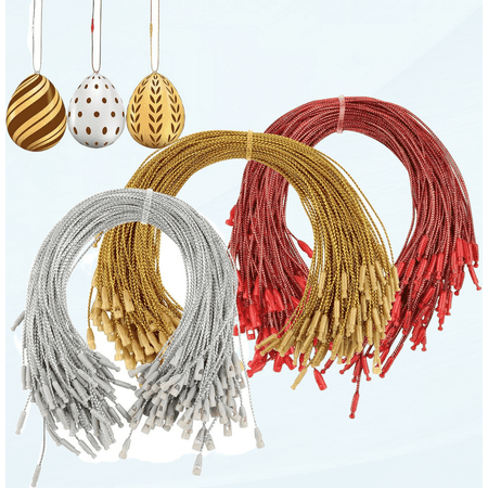 

300 Pcs Easter Eggs Hangers Strings with Snaps Locking Colorful Precut Hanging Ropes Easter Ornaments Hooks Gift Tag String for Easter Xmas Halloween Decorations - Golden Silver Red