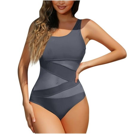 Yghzkop Womens Halter Neck Swimsuit Solid Color Sheer Mesh Built In Bra No Wire Sexy Backless Tummy Control Summer Bathing Suit One Piece