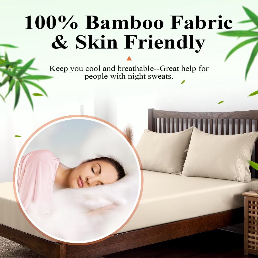 Shunjie.Home 100% Bamboo Fitted Sheet Only Queen Size, 400 Thread Count, 16" Deep, Super Soft, Beige