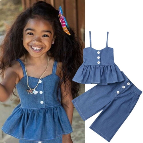 Toddler Kids Baby Girls Ruffle Tops Wide Leg Jeans Leggings 2Pcs Outfits Clothes