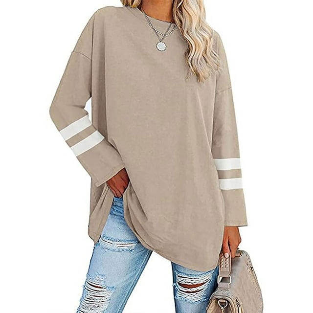 LUXUR T-shirt pour Femmes à Blocs de Couleur T-shirt à Manches Longues Tee Décontracté Hauts Col Rond Chandail Abricot TG