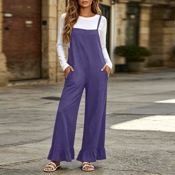 CQONEPT Jumpsuit for Women Dressy Adjustable Straps Sleeveless Loose One Piece Ruffle Wide Leg Pants Romper with Pockets Purple XL