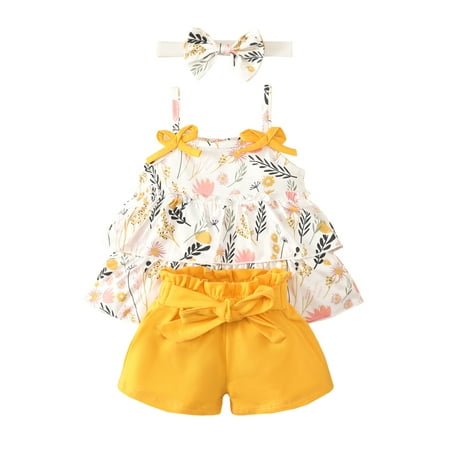

Jxzom Toddler Baby Girl Sunflower Outfit Summer Sleeveless Ruffle Floral Casual Tops High Waist Shorts with Belt 0-24M