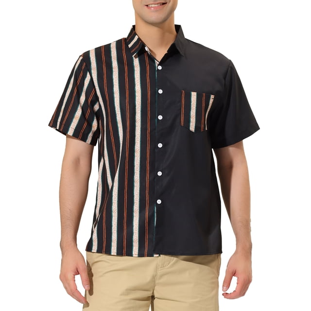 Lars Amadeus Men's Shirts Short Sleeve Summer Cotton Patchwork Button Down Shirts 2XL Black Beige