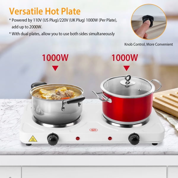 imerelez Cooking Electric Heating Plate, 2000W Double Burner Electric Hot Plate, 5-Temp Control Cast Iron Glass Stove, Compact for RV/Camping/Dorm w/US Plug​​