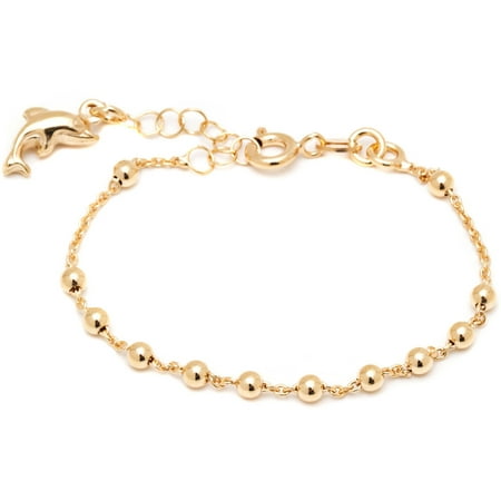 Pori Jewelers 18kt Gold-Plated Sterling Silver Ball and Dolphin Charm Kids' Bracelet, 6" Anchor Chain
