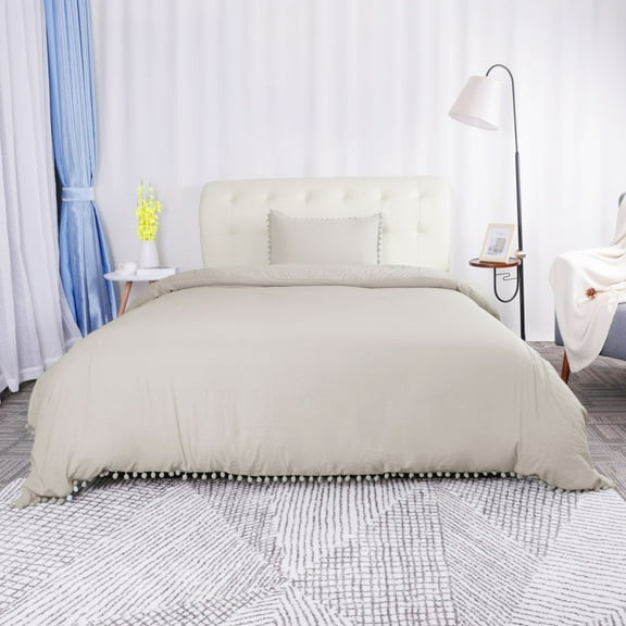 Unique Bargains  Polyester Double Washed Pompon Duvet/Quilt Cover Sets Twin Tan