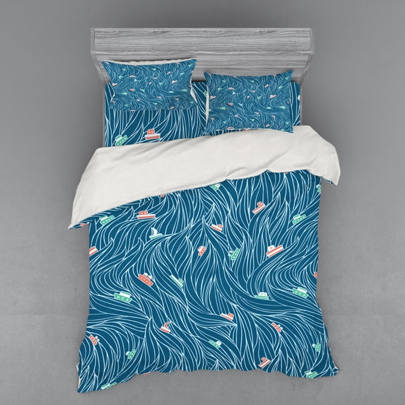Ambesonne Nature Bedding Set 4 Pcs, Waves and Ships Cartoon, Queen, Petrol Blue Jade Green