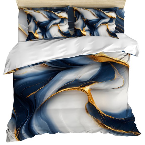 Navy Blue Marble Duvet Cover Set, Gold Modern Art Soft Duvet Cover Twin Size Bedding Set 4 Pieces, 1 Quiltcover and 2 Pillowcases with Zipper, 1 Bed Sheet for All Seasons