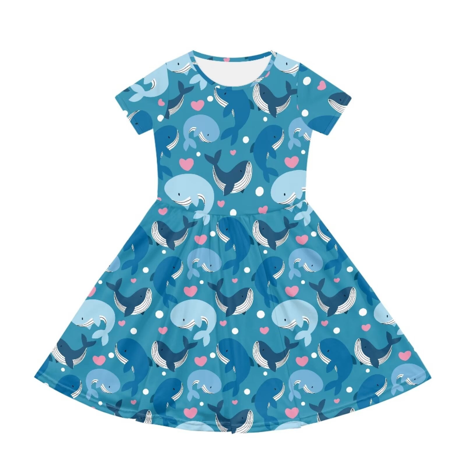 Uourmeti Whales Summer Dresses for Girls 2-14 Cute Short Sleeve Swing Dress Lightweight Soft Crewneck Knee Length A-Line Dresses with Pockets