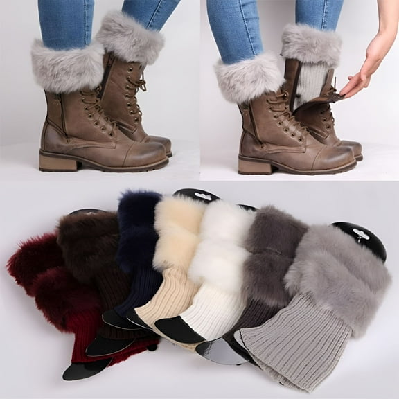 TELOLY Women Faux Fur Trim Boot Cuffs Socks Crochet Knitting Short Leg Warmers