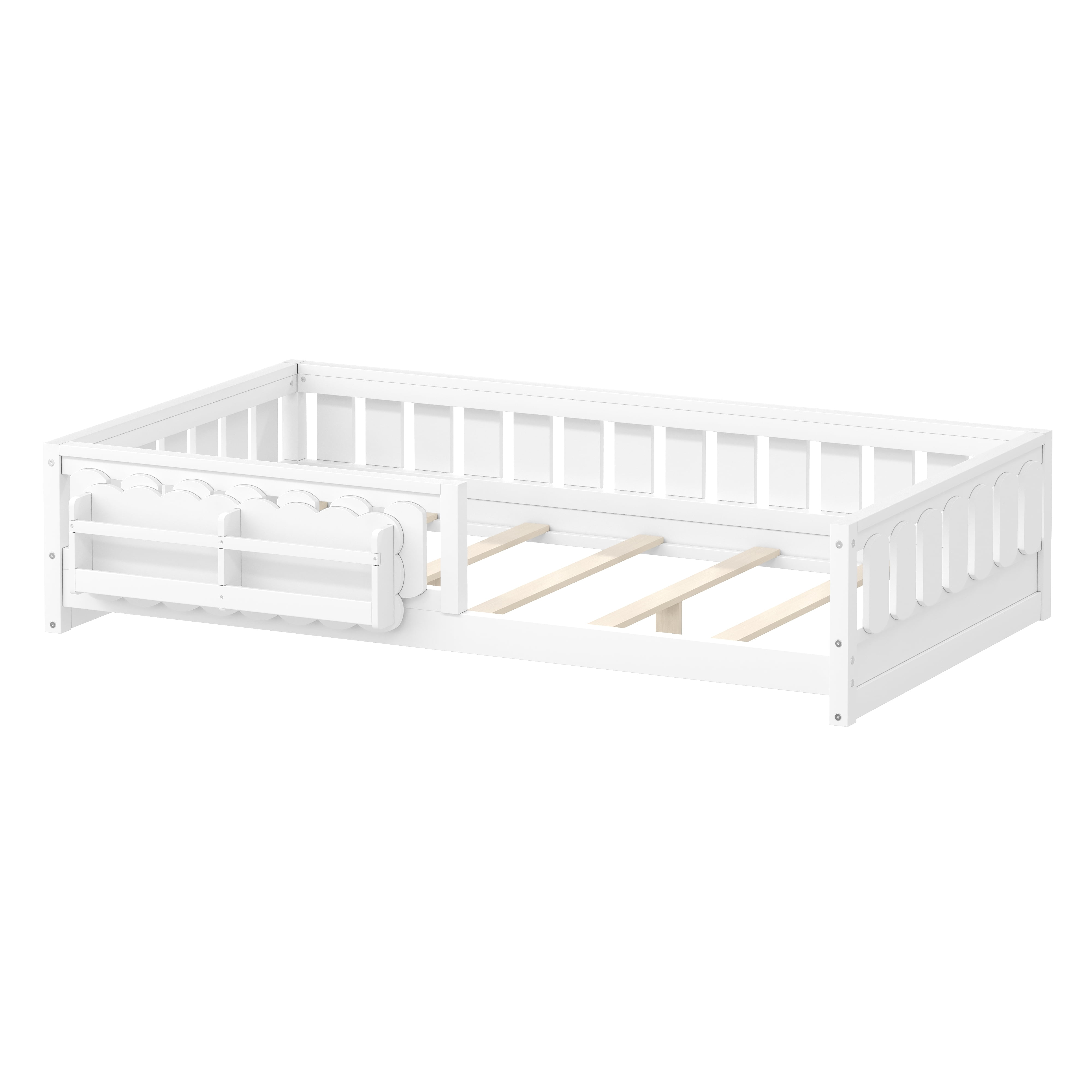 Euroco Wood Twin Size Platform Bed with Shelves, Floor Bed with Guardrails, White