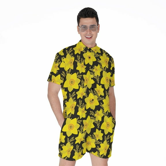 Daffodil And Mimosa Pattern Short Sleeve Men'S Rompers Casual Summer Jumpsuits Outfit
