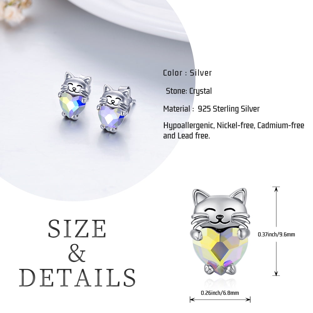 Coachuhhar Cat Earrings for 925 Sterling Silver Cat Stud Earrings Crystal Earrings Cute Animal Earrings Hypoallergenic Kitten Stud Earrings Cat Jewelry Gifts for Women