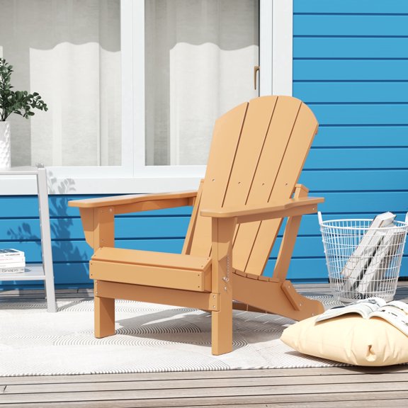 Costaelm Outdoor Folding Adirondack Chair, All-Weather & Space-Saving HDPE Chair for Patio, Poolside, Deck & Graden, Teak
