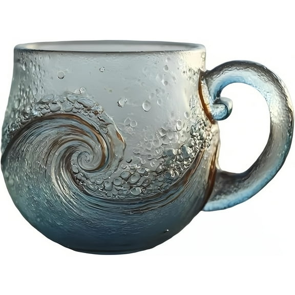 syligr Sea Glass Wave Mug, 12 oz Handblown Ocean Wave Glass Mug Cup, Unique Textured Beach Theme Mug for Tea, Wine, Handcrafted Sea Inspired Drinkware Gift for Ocean Lovers