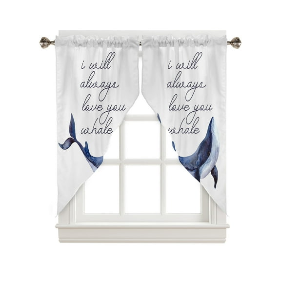 Swag Curtains, Summer Hand Drawn Watercolor Cartoon Blue Whale Rod Pocket Kitchen Curtains Valances Tier Curtains Swag Valance Curtains for Bedroom Living Room 28" x 36", 2 Panels