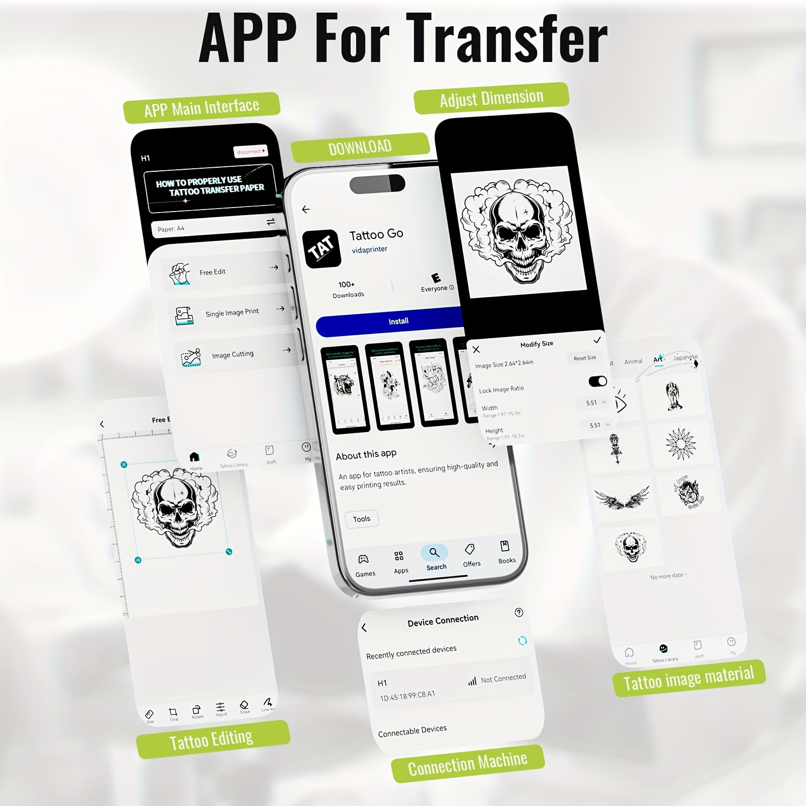 Portable Bluetooth Tattoo Transfer Printer, Inkless A4 Thermal Printer for Tattoo & Heat Transfer Paper, Compatible with Smartphone Tablet