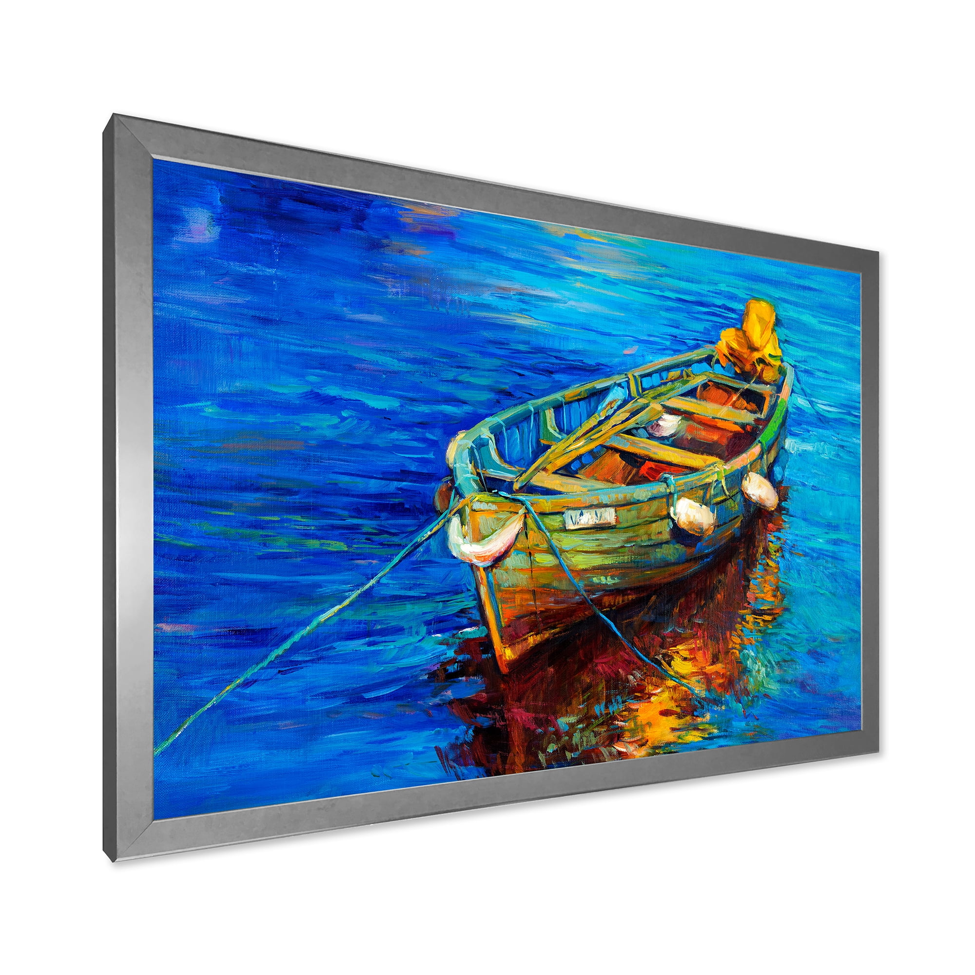 Designart 'Boats During Warm Sunset Resting On The Water IV' Nautical & Coastal Framed Art Print