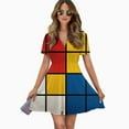 thumbnail image 2 of Mondrian Inspired Women Dress V-Neck Short Sleeve Flowy Swing Party Midi Dress, 2 of 4