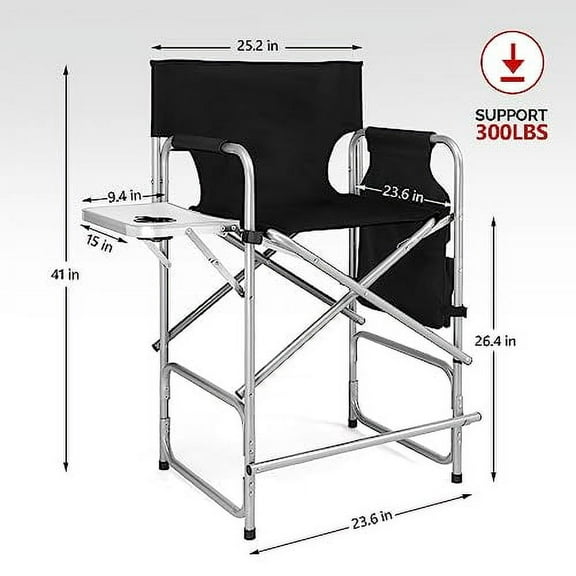 mefeir 26" Tall Folding Directors Chair with Side Table,Portable Makeup Artist Bar Height, Steel Frame 300 lbs Capacity, 19.2" D x 23.6" W x 40.5" H,Black
