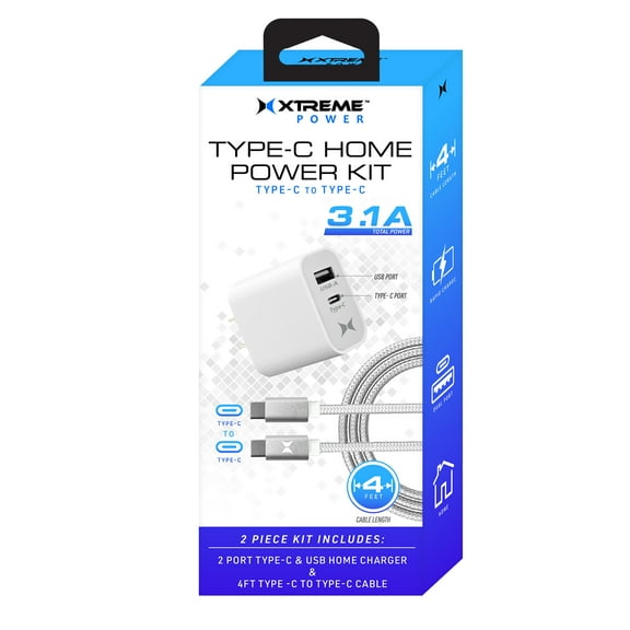 Xtreme 3.1 Amp Type-C & USB Home Charger Adapter and a 4ft Type-C to Type-C Cable - Fast Charging for Smartphones, Tablets, and More