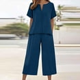 thumbnail image 2 of Linen Capri Set Women 2 Piece Outfits V Notch Short Sleeve Button Down Shirts Summer Flowy Crop Wide Leg Pants Sets, XL, 2 of 7